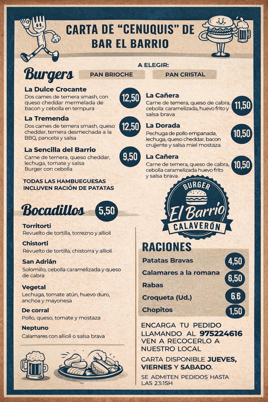 Carta de cenas Bar El Barrio Calaverón